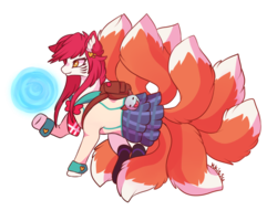 Size: 1040x834 | Tagged: safe, artist:kkitsu, oc, earth pony, fox, fox pony, hybrid, kitsune, kitsune pony, original species, pony, ahri, backpack, blouse, clothes, crossover, league of legends, magic, plaid, ponified, red hair, skirt, socks, whisker markings