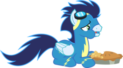 Size: 8900x5000 | Tagged: safe, artist:chainchomp2, soarin', pegasus, pony, g4, rarity investigates, .svg available, absurd resolution, eating, food, goggles, male, pie, prone, puffy cheeks, simple background, solo, stallion, that pony sure does love pies, transparent background, vector, wonderbolts uniform