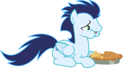 Size: 8900x5000 | Tagged: safe, alternate version, artist:chainchomp2, soarin', pegasus, pony, g4, rarity investigates, .svg available, absurd resolution, eating, food, male, pie, prone, puffy cheeks, simple background, solo, stallion, that pony sure does love pies, transparent background, vector