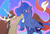 Size: 1280x873 | Tagged: dead source, safe, artist:kkitsu, discord, princess luna, g4, blushing, female, male, raised hoof, ship:lunacord, shipping, sketchy, straight, unshorn fetlocks