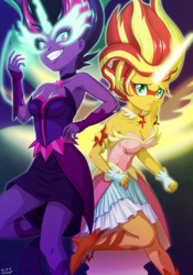 Size: 842x1200 | Tagged: safe, artist:uotapo, sci-twi, sunset shimmer, twilight sparkle, human, equestria girls, g4, my little pony equestria girls: friendship games, armpits, artificial wings, augmented, breasts, cleavage, clothes, daydream shimmer, dress, duo, female, fingerless gloves, gloves, grin, high heels, horn, looking at you, magic, magic wings, midnight sparkle, signature, skirt, sleeveless, strapless, teeth, wings
