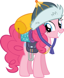Size: 9783x11884 | Tagged: safe, artist:gen-ma, pinkie pie, g4, the lost treasure of griffonstone, .svg available, absurd resolution, bags, cute, diapinkes, equipment, female, hat, mongolian shepherd hat, offscreen character, simple background, smiling, solo, transparent background, vector