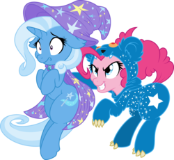 Size: 4345x4000 | Tagged: safe, artist:ambassad0r, artist:dfectivedvice, pinkie pie, trixie, pony, unicorn, ursa minor, g4, absurd resolution, cape, clothes, costume, duo, female, hat, jumpscare, mare, ponyscape, scared, simple background, transparent background, vector, wizard hat