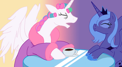 Size: 627x347 | Tagged: artist needed, safe, princess celestia, princess luna, pony, g4, artifact, bathrobe, clothes, coffee, cute, eyes closed, hair curlers, morning ponies, robe, s1 luna, woona, younger