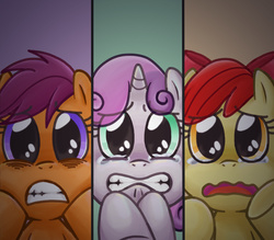 Size: 1200x1049 | Tagged: safe, artist:sennishi, apple bloom, scootaloo, sweetie belle, g4, crying, cutie mark crusaders, pixiv, wavy mouth, worried
