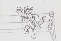 Size: 2721x1822 | Tagged: artist needed, safe, applejack, arizona (tfh), cow, earth pony, pony, them's fightin' herds, g4, bandana, cloven hooves, community related, cowboy hat, crossover, female, hat, mare, monochrome, sketch, traditional art, wrestling