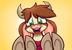 Size: 1500x1050 | Tagged: safe, artist:heir-of-rick, arizona (tfh), cow, them's fightin' herds, arizonadorable, cloven hooves, community related, cute, female, looking at you, smiling, solo, underhoof