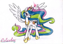 Size: 1024x721 | Tagged: safe, artist:nemuri-soulver, princess celestia, g4, female, magic, simple background, solo, spread wings, traditional art