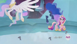 Size: 779x442 | Tagged: safe, screencap, princess cadance, princess celestia, princess luna, alicorn, pony, g4, twilight's kingdom, animation error