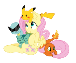 Size: 8333x7008 | Tagged: safe, artist:dfectivedvice, artist:tim015, fluttershy, bulbasaur, charmander, pegasus, pikachu, pony, squirtle, g4, absurd resolution, biting, crossover, cute, ear fluff, female, looking up, mare, pokémon, pokémon trainer, shyabetes, simple background, sitting, sitting on head, sitting on lap, solo, sunglasses, tail, tail bite, transparent background