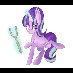Size: 918x911 | Tagged: safe, artist:dweebpone, starlight glimmer, pony, unicorn, g4, both cutie marks, female, glowing horn, horn, looking sideways, magic, mare, raised hoof, raised leg, s5 starlight, simple background, smiling, smirk, solo, staff, staff of sameness, standing, three quarter view, white background