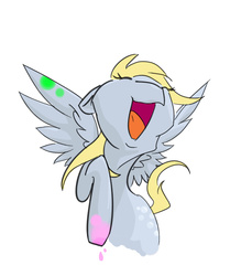 Size: 1408x1536 | Tagged: safe, artist:thederpychemist, derpy hooves, pegasus, pony, g4, eyes closed, female, happy, mare, open mouth, paint, paint on feathers, paint on fur, simple background, solo, spread wings