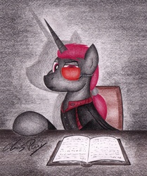 Size: 1024x1225 | Tagged: safe, artist:thechrispony, oc, oc only, oc:protege, fallout equestria, fallout equestria: murky number seven, book, solo, traditional art