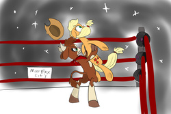 Size: 2721x1822 | Tagged: artist needed, safe, applejack, arizona (tfh), cow, earth pony, pony, them's fightin' herds, g4, bandana, cloven hooves, colored, community related, cowboy hat, crossover, female, german suplex, hat, mare, suplex, suplex city, wrestling, wwe