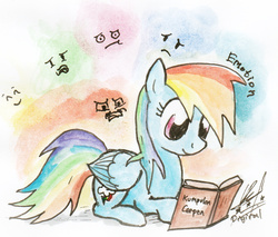Size: 1164x994 | Tagged: safe, artist:digiral, rainbow dash, g4, bahasa indonesia, book, female, indonesian, prone, reading, solo, traditional art, watercolor painting