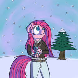 Size: 512x512 | Tagged: safe, artist:crazypon3, pinkie pie, earth pony, anthro, g4, clothes, female, pinkamena diane pie, snow, snowfall, solo, winter