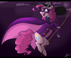Size: 1181x974 | Tagged: safe, artist:discosweetruletik, pinkie pie, earth pony, pony, g4, clothes, costume, crossover, darkwing duck, female, rope, solo, wink