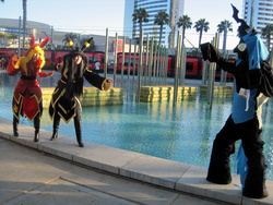 Size: 1200x900 | Tagged: safe, artist:umespirit, queen chrysalis, flareon, human, umbreon, g4, clothes, cosplay, costume, crossover, fursuit, irl, irl human, photo, pokémon, san diego comic con