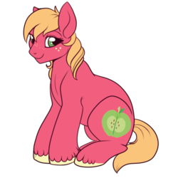 Size: 500x500 | Tagged: source needed, safe, artist:lulubell, big macintosh, earth pony, pony, g4, female, freckles, lidded eyes, looking at you, male to female, mare, not rule 63, simple background, sitting, smiling, solo, trans female, trans mare big mac, transgender, transparent background