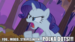 Size: 960x540 | Tagged: safe, edit, edited screencap, screencap, rarity, spike, g4, and that's terrible, crime against fashion, fashion disaster, female, image macro, meme, shouting rarity, solo focus