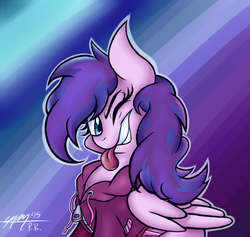 Size: 1224x1161 | Tagged: dead source, safe, artist:purpleroselyn, oc, oc only, oc:purple roselyn, pegasus, pony, clothes, hoodie, pegasus oc, smiling, solo, tongue out