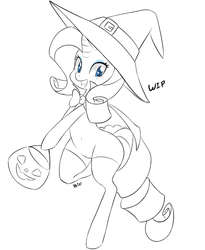 Size: 747x912 | Tagged: safe, artist:hidden-cat, rarity, pony, unicorn, semi-anthro, g4, belly, belly button, clothes, female, halloween, hat, horn, mare, monochrome, socks, solo, wip