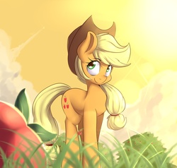 Size: 1280x1220 | Tagged: safe, artist:sourspot, applejack, earth pony, ladybug, pony, g4, apple, apple tree, cowboy hat, cute, female, grass, hat, jackabetes, lens flare, looking at you, mare, smiling, solo, stetson, sunrise, tree