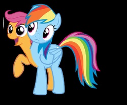 Size: 985x810 | Tagged: artist needed, source needed, safe, rainbow dash, scootaloo, g4, black background, conjoined, female, fusion, needs more jpeg, simple background, sisterly love, two heads, wat, we have become one, what has science done