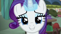 Size: 1920x1080 | Tagged: safe, screencap, rarity, g4, made in manehattan, season 5, female, lidded eyes, looking at you, magic, offscreen character, pov, smiling, solo