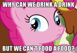 Size: 800x556 | Tagged: safe, edit, screencap, pinkie pie, g4, my little pony: friendship is magic, party pooped, caption, cropped, derp, fridge logic, inverted mouth, meme