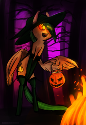 Size: 1280x1862 | Tagged: safe, artist:tenenbris, oc, oc only, pony, bipedal, hat, jack-o-lantern, pumpkin bucket, solo, wing hands, witch, witch hat