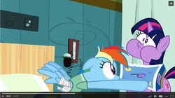 Size: 1210x680 | Tagged: safe, screencap, rainbow dash, twilight sparkle, pegasus, pony, unicorn, g4, read it and weep, battlecloud, board game, faic, hospital gown, puffy cheeks