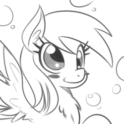 Size: 500x500 | Tagged: source needed, safe, artist:reiduran, derpy hooves, pegasus, pony, g4, blushing, bubble, bust, chest fluff, female, grayscale, monochrome, simple background, smiling, solo, white background