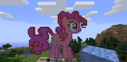 Size: 1366x665 | Tagged: safe, pinkie pie, g4, desktop ponies, game screencap, laughing, minecraft, minecraft pixel art, pixel art, uncredited source