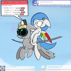 Size: 2500x2500 | Tagged: safe, artist:pandramodo, oc, oc only, oc:airpon, oc:google chrome, original species, plane pony, pony, ask-airpon, cellphone, cloud, contrail, cute, digital art, duo, fancy mathematics, female, flight trail, flying, funny, high res, liar face, mare, math, mathematics in the comments, ocbetes, phone, plane, ponies riding ponies, riding, sky, surprised, wi-fi