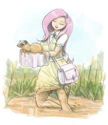 Size: 1000x1163 | Tagged: safe, artist:king-kakapo, fluttershy, human, g4, bag, clothes, dirty, dress, eyes closed, female, humanized, light skin, mud, polecat, smiling, solo, towel