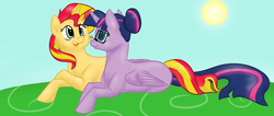 Size: 2830x1198 | Tagged: safe, artist:catlover1672, sci-twi, sunset shimmer, twilight sparkle, alicorn, pony, unicorn, equestria girls, g4, duo, equestria girls ponified, female, glasses, mare, ponified, sci-twilicorn