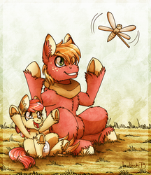 Size: 1024x1184 | Tagged: safe, artist:inuhoshi-to-darkpen, apple bloom, big macintosh, earth pony, pony, brotherhooves social, g4, adorabloom, baby, baby apple bloom, baby pony, brother and sister, cute, daaaaaaaaaaaw, diaper, ear fluff, female, filly, fluffy, happy, macabetes, male, open mouth, open smile, playing, siblings, smiling, stallion, toy, underhoof, unshorn fetlocks, younger