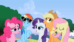 Size: 1280x720 | Tagged: safe, screencap, applejack, fluttershy, pinkie pie, rainbow dash, rarity, g4, lesson zero, sunglasses