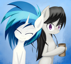 Size: 1900x1700 | Tagged: safe, artist:scynexx, dj pon-3, octavia melody, vinyl scratch, earth pony, pony, unicorn, g4, blushing, bust, duo, eyes closed, mug, tea