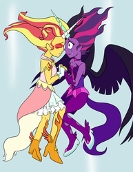 Size: 1946x2519 | Tagged: safe, artist:catlover1672, sci-twi, sunset shimmer, twilight sparkle, equestria girls, g4, my little pony equestria girls: friendship games, crying, daydream shimmer, duo, eyes closed, holding hands, horn, horns are touching, midnight sparkle, scene interpretation