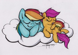 Size: 1351x963 | Tagged: safe, artist:shikogo, rainbow dash, scootaloo, pegasus, pony, brotherhooves social, g4, cloud, duo, eyes closed, lying down, on a cloud, on back, open mouth, prone, scootalove, signature, sleeping, sleeping on a cloud, smiling, traditional art