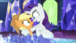 Size: 1920x1080 | Tagged: safe, screencap, applejack, rarity, earth pony, pony, unicorn, g4, made in manehattan, season 5, applejack's hat, boop, cowboy hat, cutie map, female, hat, horn, mare, noseboop, scrunchy face