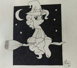 Size: 1220x1080 | Tagged: safe, artist:notenoughapples, pinkie pie, g4, broom, clothes, female, flying, flying broomstick, hat, inktober, monochrome, solo, traditional art, witch