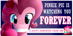 Size: 2048x1024 | Tagged: safe, artist:overmare, pinkie pie, earth pony, pony, fallout equestria, g4, fanfic, fanfic art, female, forever, looking at you, mare, ministry mares, ministry of morale, pinkie pie is watching you, poster, propaganda, smiling, solo, teeth, text