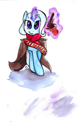 Size: 1246x1920 | Tagged: safe, artist:whale, trixie, pony, unicorn, g4, bandolier, clothes, female, glowing horn, gun, horn, konami, magic, mare, metal gear, revolver, revolver ocelot, solo, telekinesis, traditional art, trenchcoat, watercolor painting, weapon