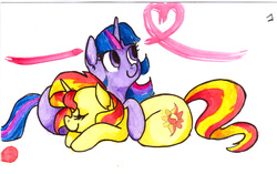 Size: 1280x805 | Tagged: safe, artist:whale, sunset shimmer, twilight sparkle, pony, unicorn, g4, female, heart, lesbian, prone, ship:sunsetsparkle, shipping, traditional art, watercolor painting