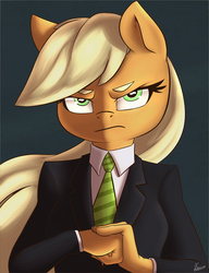Size: 800x1040 | Tagged: safe, artist:atane27, applejack, earth pony, anthro, g4, business suit, clothes, cracking knuckles, female, glare, looking at you, serious face, solo, suit, this will end in pain