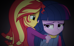 Size: 1229x768 | Tagged: safe, artist:bootsyslickmane, sci-twi, sunset shimmer, twilight sparkle, equestria girls, g4, my little pony equestria girls: friendship games, clothes, comforting, comforting twilight, crying, duo, fanfic art, fanfic cover, pajamas