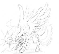 Size: 1280x1161 | Tagged: safe, artist:furfragged, princess celestia, g4, angry, arched back, badass, female, glowing horn, gritted teeth, horn, monochrome, rage, rage face, solo, spread wings